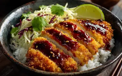 Krispig chicken katsu med ris, kålsallad och en mörk sås. En limeklyfta toppar rätten.