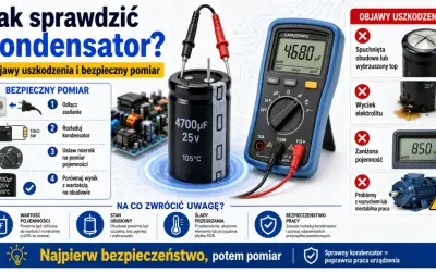 Jak sprawdzić kondensator? Obraz pokazuje miernik pojemności podłączony do kondensatora, instrukcje bezpiecznego pomiaru i objawy uszkodzenia.