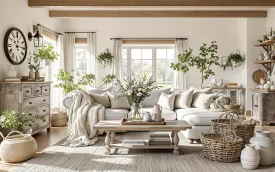 Przytulny salon w stylu farmhouse z jasną sofą, drewnianymi belkami na suficie i wiklinowymi koszami.