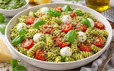 Ensalada de pasta con pesto, tomates cherry, mozzarella y piñones.
