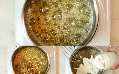 Gotowanie cukru na złoty kolor, by stworzyć pyszne dulce de leche. Dodawanie śmietanki do gorącej masy.