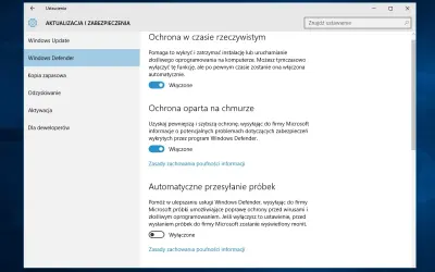Ustawienia Windows Defender: ochrona w czasie rzeczywistym, oparta na chmurze i automatyczne przesyłanie próbek. Jak wyłączyć Windows Defender Windows 10?
