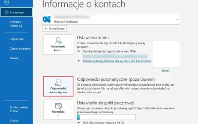 Ustawienia konta Outlook: włącz autoresponder, aby informować o nieobecności.