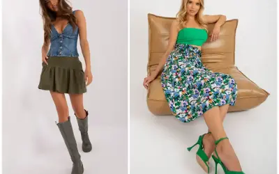 Dwie kobiety prezentują stylizacje ze spódnicami. Jedna w jeansowym topie i khaki spódniczce, druga w zielonym topie i kwiecistej spódnicy. Inspiracja, jak uszyć spódnicę.