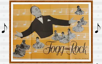 Artysta i tancerki na tle nut. Plakat zapowiada "Fogg and Rock", być może piosenki Fogga alfabetycznie.