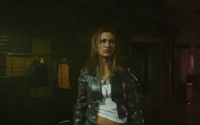 Kobieta w skórzanej kurtce, gotowa na nocne przygody w świecie cyberpunk romansów. W tle wieszaki z ubraniami.