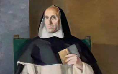 Retrato de Francisco de Vitoria, fraile dominico, con hábito y libro en mano.