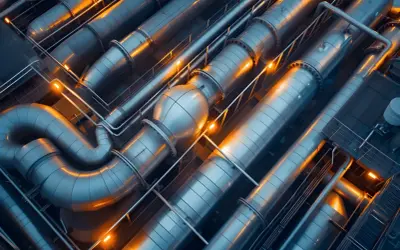 Skomplikowana sieć ciepłownicza z metalowymi rurami i oświetleniem, tworząca industrialny krajobraz.