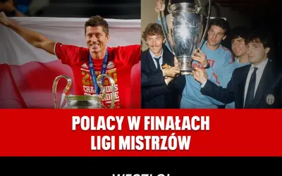 Robert Lewandowski z pucharem Ligi Mistrzów i drużyna z lat 80. z trofeum.