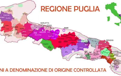 Mappa della Puglia con aree colorate che indicano zone di produzione di vino rosso puglia, con città e denominazioni.