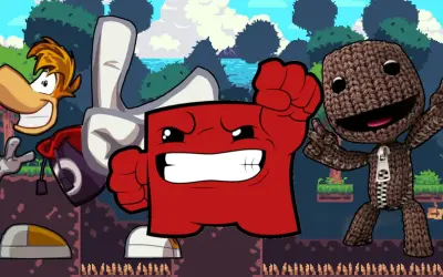 Rayman, Super Meat Boy i Sackboy, bohaterowie kultowych gry platformowe pc, pozdrawiają na tle pixelartowej przygody.