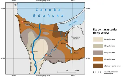 Mapa przedstawia etapy narastania delty Wisły, ukazując, jak rzeka tworzyła najniższe miejsce w Polsce, docierając do Zatoki Gdańskiej.