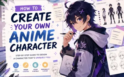 Ilustracja pokazuje proces tworzenia postaci anime. Młody artysta z fioletowymi włosami szkicuje, otoczony materiałami do projektowania postaci.