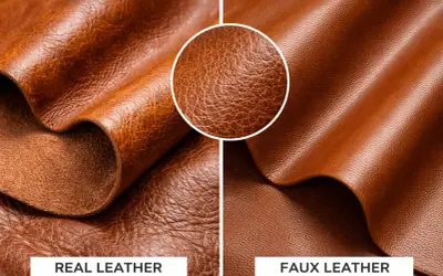 Confronto visivo: la differenza tra pelle ed ecopelle. La pelle vera mostra una grana irregolare e un aspetto vissuto, l'ecopelle una texture più uniforme.