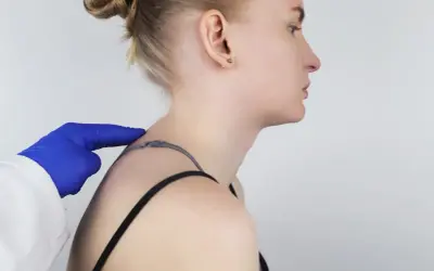 Fizjoterapeuta w niebieskiej rękawiczce bada bark kobiety, oceniając postawę przy chorobie Scheuermanna. Ćwiczenia pomagają w rehabilitacji.