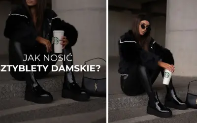 Elegancka kobieta w czarnym futrze i skórzanych legginsach prezentuje, jak nosić sztyblety damskie. Obok torebka YSL i kubek Starbucks.