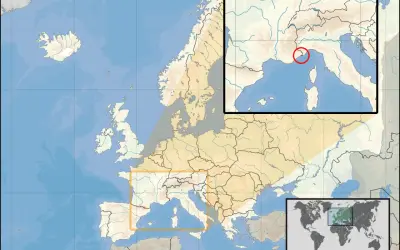 Mapa Europy z zaznaczonym przybliżeniem na Lazurowe Wybrzeże, gdzie jest Monako. Czerwony okrąg wskazuje jego lokalizację.