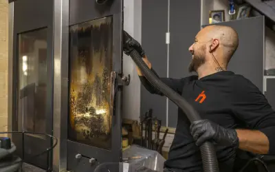Un homme nettoie la vitre d'un poêle avec un aspirateur. Un bon entretien garantit la bonne fréquence de ramonage.