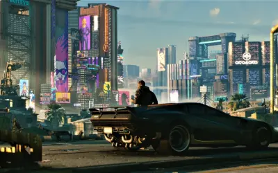 Mężczyzna w futurystycznym samochodzie podziwia neonowy, cyberpunkowy nocny krajobraz miasta z wieżowcami i reklamami.