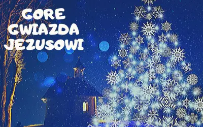 Gore gwiazda Jezusowi. Nocna panorama z kościołem, drzewami i choinką z płatków śniegu.