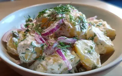 Krämig potatissallad med dill och rödlök, perfekt som tillbehör till grillat.