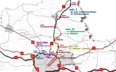 Mapa drogowa Polski z zaznaczonymi odcinkami dróg ekspresowych S52 i S7, węzłami i miastami.