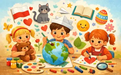 Dzieci malują świat i serca, tworząc radosną atmosferę. Może to być ilustracja na co jest 3 grudnia.