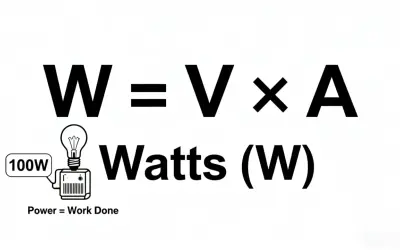 W = V x A. Jednostka mocy to waty (W). Obrazek pokazuje żarówkę 100W.