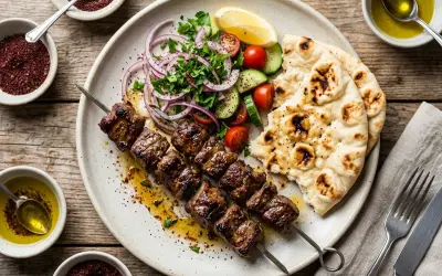 Kebab z grilla z sałatką, pitą i oliwą.