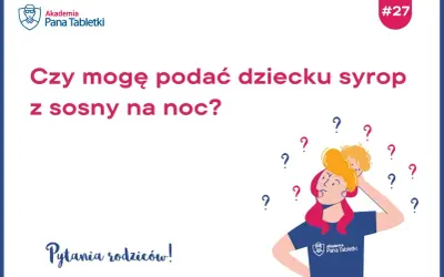 Rodzic zastanawia się, czy podać dziecku syrop z sosny na noc. Wokół głowy pełno znaków zapytania.