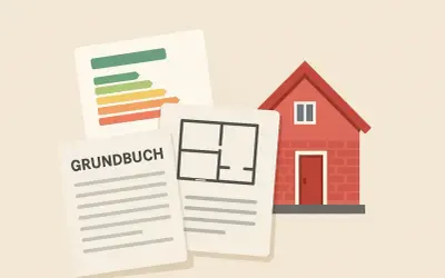 Grundbuch, Grundriss und Energieausweis für den unterlagen hausverkauf privat. Ein rotes Haus im Hintergrund.