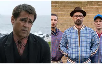 Colin Farrell w filmach: zamyślony nad morzem i w kratkowych kurtkach z kolegami.