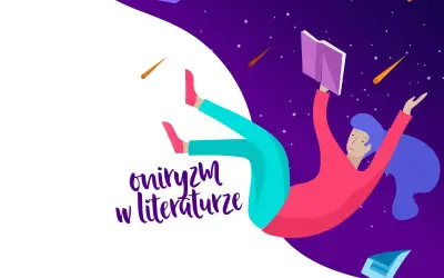 Postać z książką unosi się w kosmicznej przestrzeni, otoczona spadającymi gwiazdami. To wizualizacja oniryzmu w literaturze, gdzie granice rzeczywistości zacierają się.