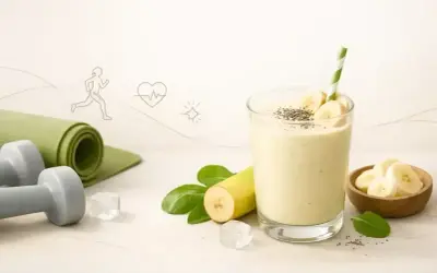 Zdrowy koktajl bananowy po treningu. Obok leżą hantle i mata do ćwiczeń.