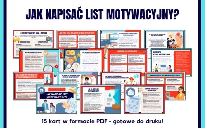 Zbiór 15 kart PDF o tym, jak powinien wyglądać list motywacyjny. Zawiera wskazówki, błędy, przykłady i strukturę idealnego dokumentu.