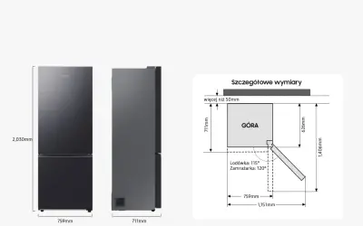 Szczegółowe wymiary lodówki wolnostojącej: wysokość 2030mm, szerokość 759mm, głębokość 711mm. Diagram pokazuje kąty otwarcia drzwi.