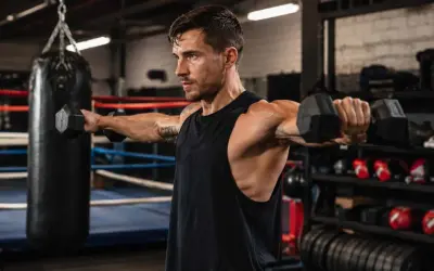 A man with impressive boxer shoulders performs dumbbell lateral raises in a boxing gym, with a punching bag in the background.