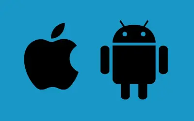 Logo Apple i Android na niebieskim tle. Dowiedz się, jak udostępnić internet przez bluetooth między tymi systemami.