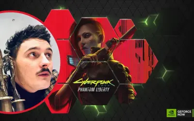 Dawid Podsiadło w futurystycznym wydaniu, obok postaci z gry Cyberpunk 2077: Phantom Liberty.