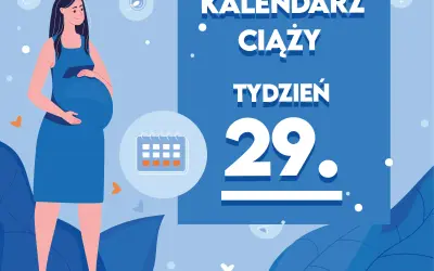 Kobieta w niebieskiej sukience, w 29 tygodniu ciąży, trzyma dłoń na brzuchu. Obok kalendarz i tekst "Kaledarz ciąży tydzień 29".