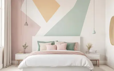 Camera da letto con letto bianco, cuscini rosa e verdi, e un'audace decorazione geometrica color block pareti con sfumature pastello.
