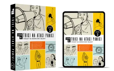 Książka i tablet z grafiką: kobieta krzyczy przez megafon, ćwicząca jogę, z zegarkiem, z dmuchanym łabędziem. Poradnik "Triki na ataki paniki" pomaga w nerwicowych objawach.
