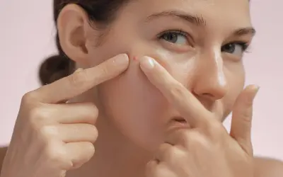 Une femme examine un furoncle sur son visage, ses doigts pointant vers la petite imperfection rouge sur sa joue.