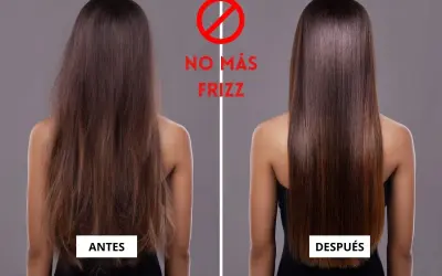 Antes y después de cómo quitar el frizz del pelo. Cabello liso y brillante.
