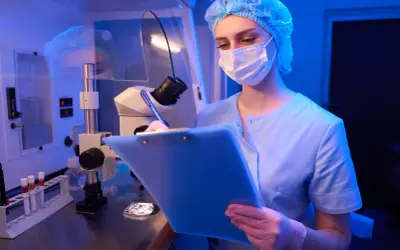Naukowczyni w masce i czepku, w różowych rękawiczkach, notuje wyniki badań pod mikroskopem. W tle probówki i sprzęt laboratoryjny, sugerujące proces punkcji.