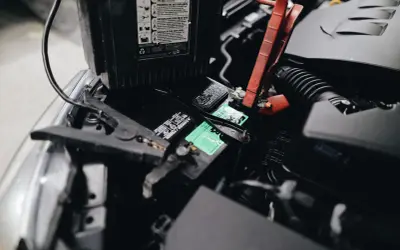 Widok na komorę silnika z podłączonymi klemami do akumulatora. Instrukcja pokazuje, jak odłączyć akumulator.