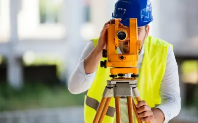Geodeta w kasku i kamizelce odblaskowej obsługuje niwelator na statywie.