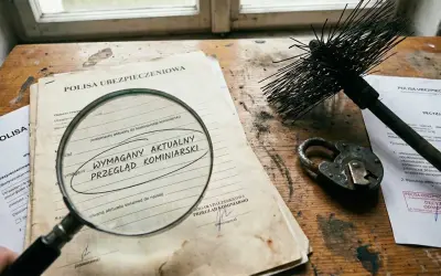 Pod lupą dokument "Wymagany aktualny przegląd kominiarski" obok szczotki kominiarskiej i kłódki. Wartość rzeczywista a odtworzeniowa w kontekście ubezpieczenia.