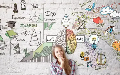 Eine junge Frau blickt nachdenklich auf eine Wand voller Symbole, die verschiedene Aspekte des Denkens und Lernens darstellen. Eine kreative Lernmethode, die Logik und Emotionen verbindet.