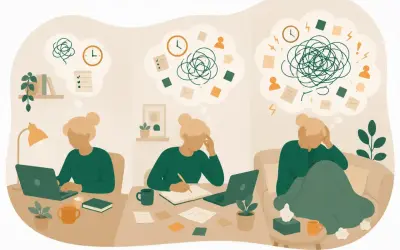 Illustration visar en kvinna som kämpar med tankar och uppgifter, vilket speglar utmaningarna med medelsvår adhd.